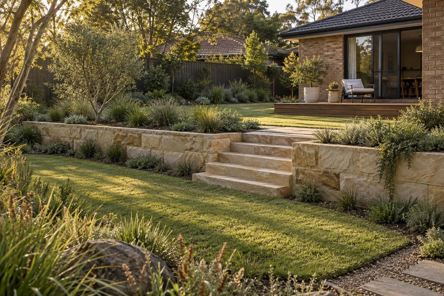 Quiet outdoor concept with a low garden retaining wall, timber deck and layered planting, eye-level architectural composition, no project attribution